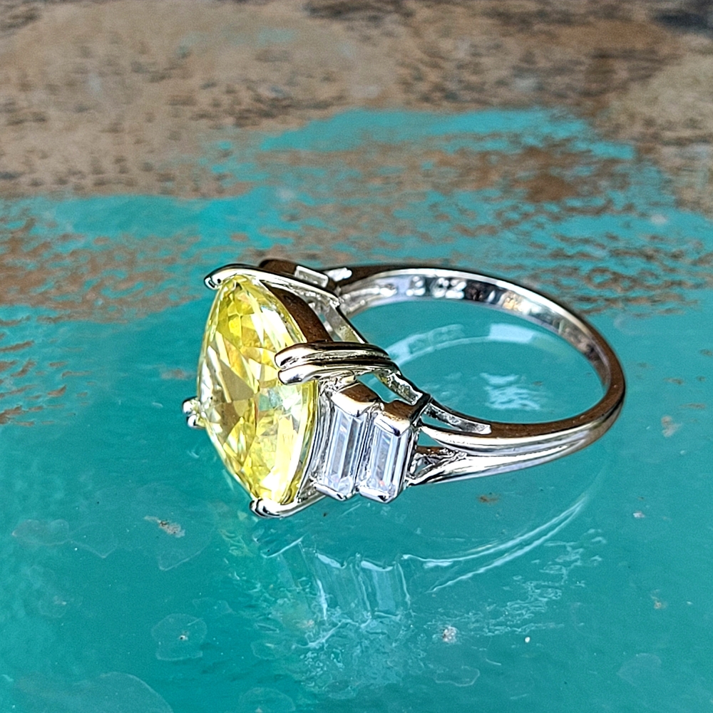 Cushion Cut Canary Yellow And Clear CZ 925 Sterling Silver Ring